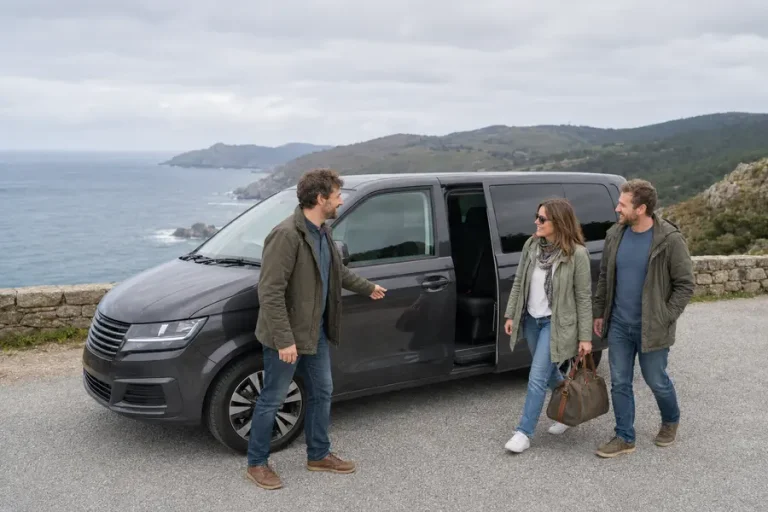 Conductor recibiendo a viajeros junto a un vehículo privado en la costa gallega